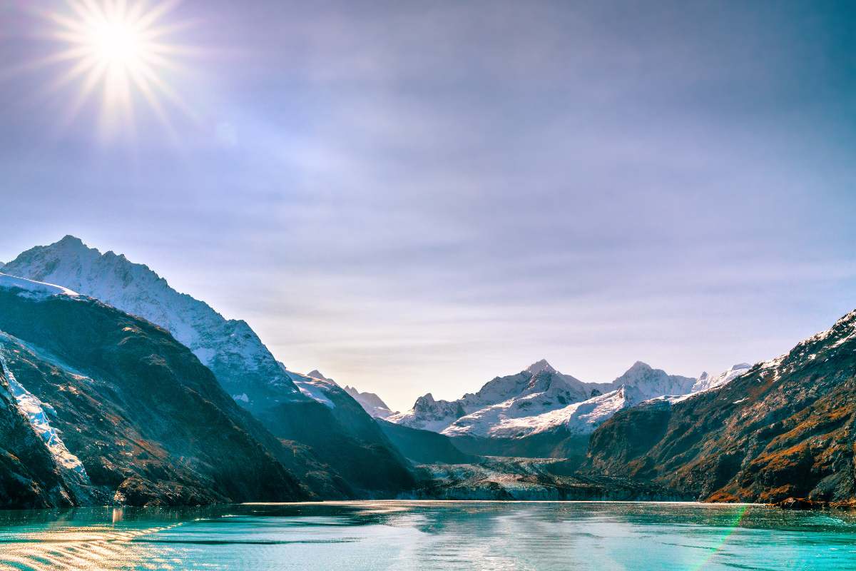 beautiful landscape in Alaska featuring glaciers and mountains as viewed from the cruise ship